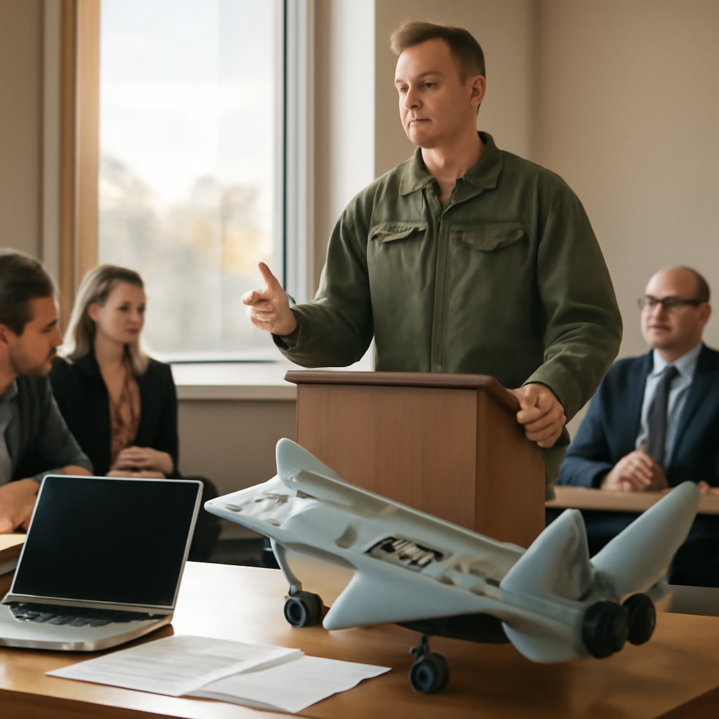 Military briefing room with aircraft model, documents, and laptop on conference table.