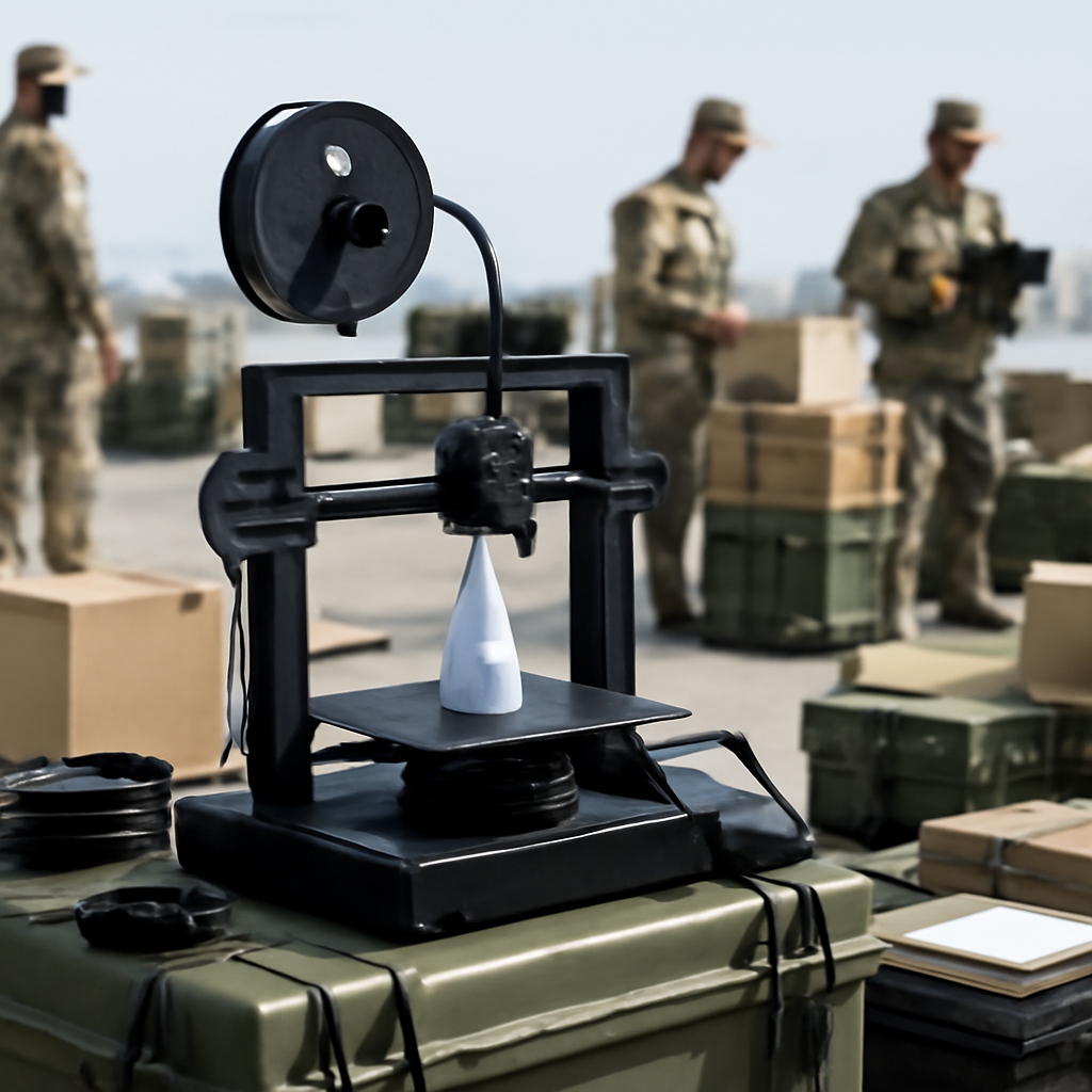 Military personnel work around a 3D printer at a makeshift outdoor workshop surrounded by equipment and supplies.