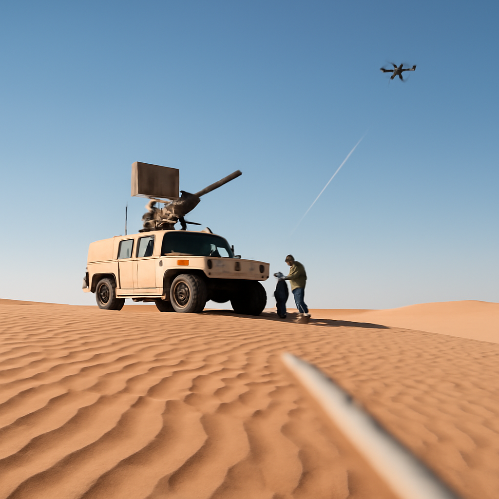 Military vehicle and personnel operate counter-drone system in desert landscape.
