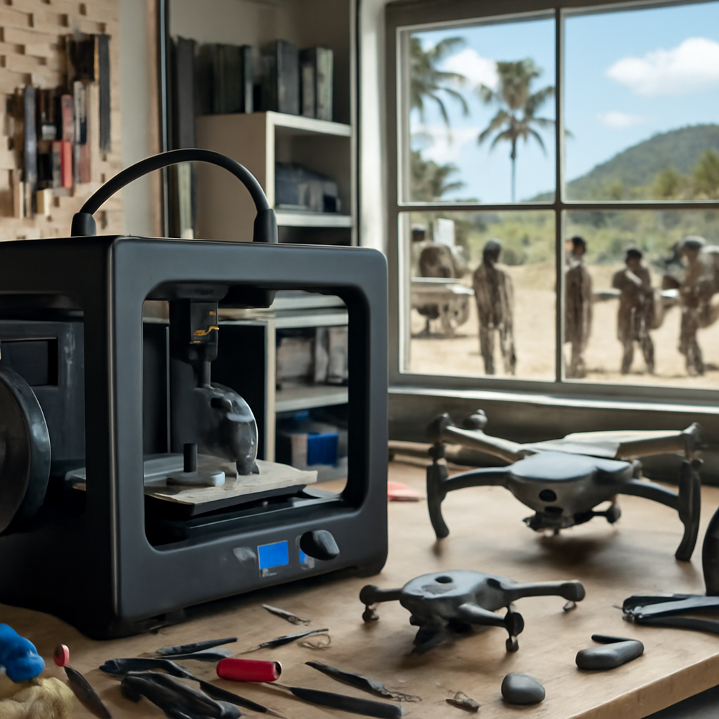 Military personnel work on 3D printer and drones at a workshop bench overlooking a Pacific base.