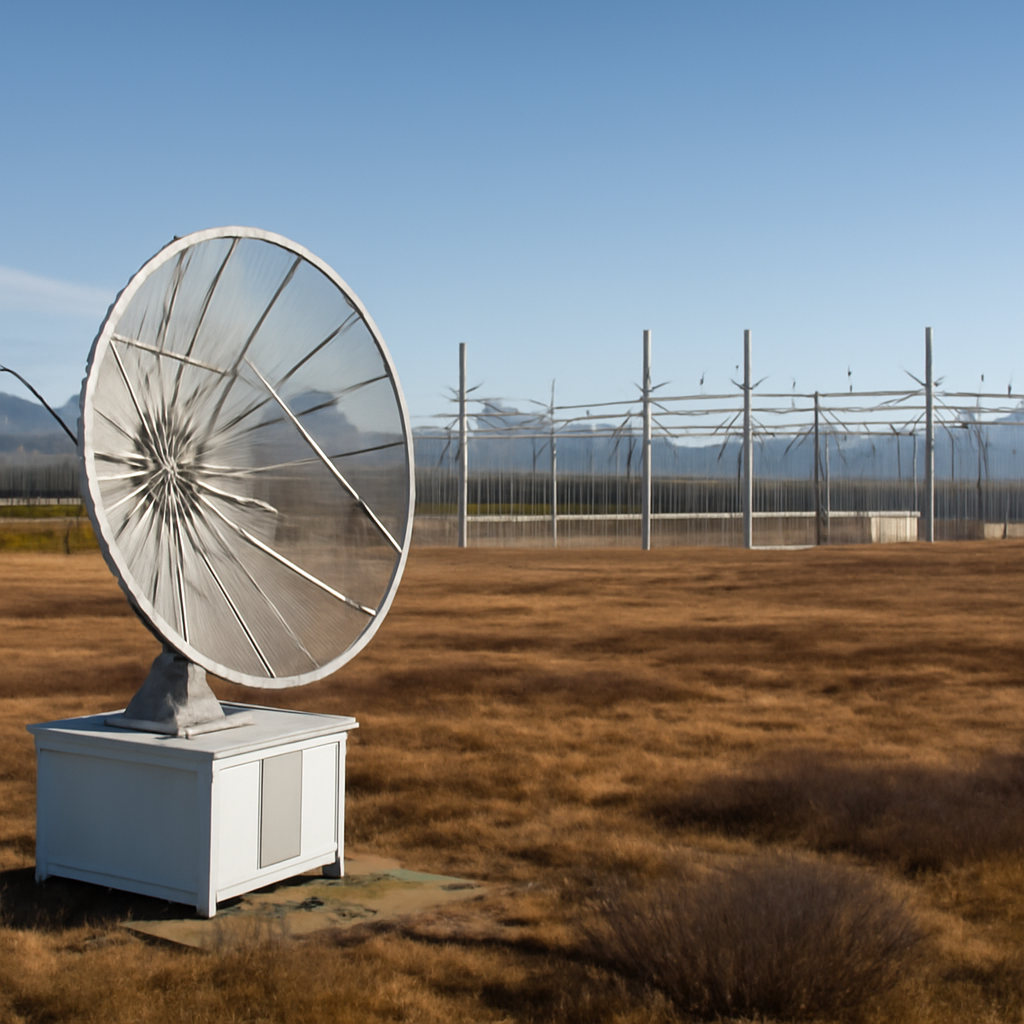 Alaska's wilderness with HAARP facility structures and radar equipment in foreground.