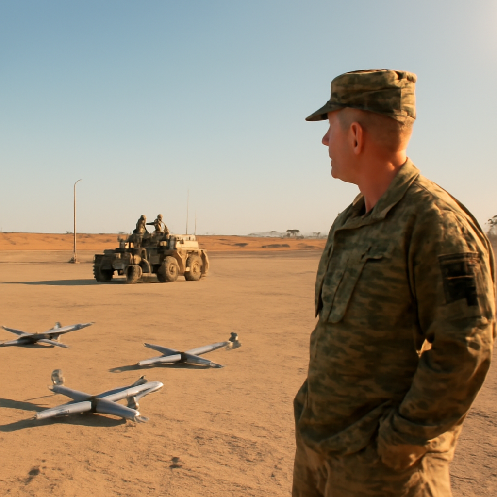 Military vehicle and soldiers amidst scattered drones in a desert landscape with urban structures in the background.