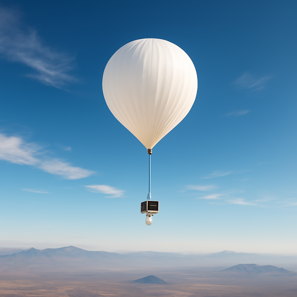 High-altitude balloon and sensor pod float serenely above a distant mountain range.