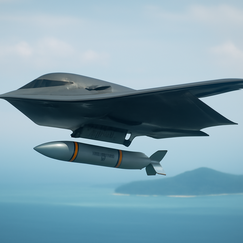 US Air Force B-2 bomber carrying AGM-158C missile in flight over Pacific landscape.
