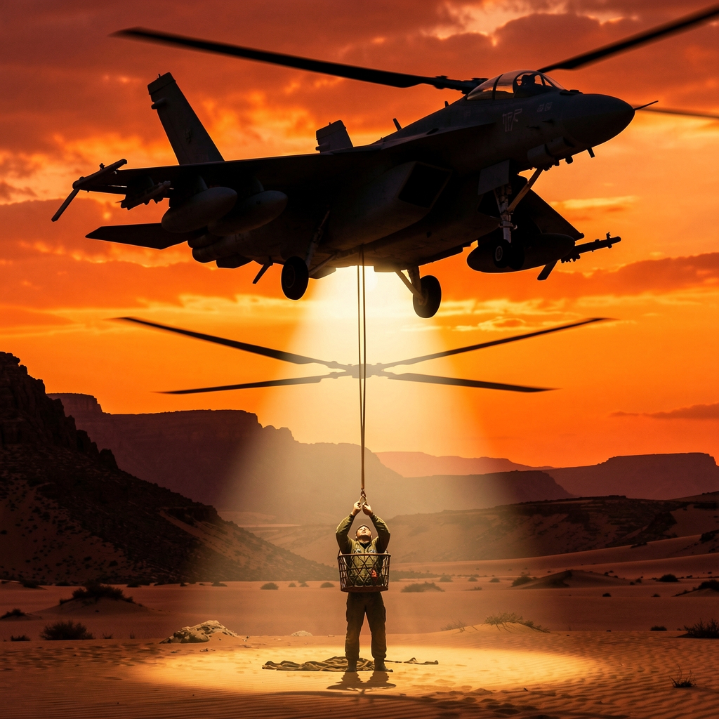 F-15E fighter jet silhouetted against sunset, with rescue helicopter pulling a person to safety in desert.