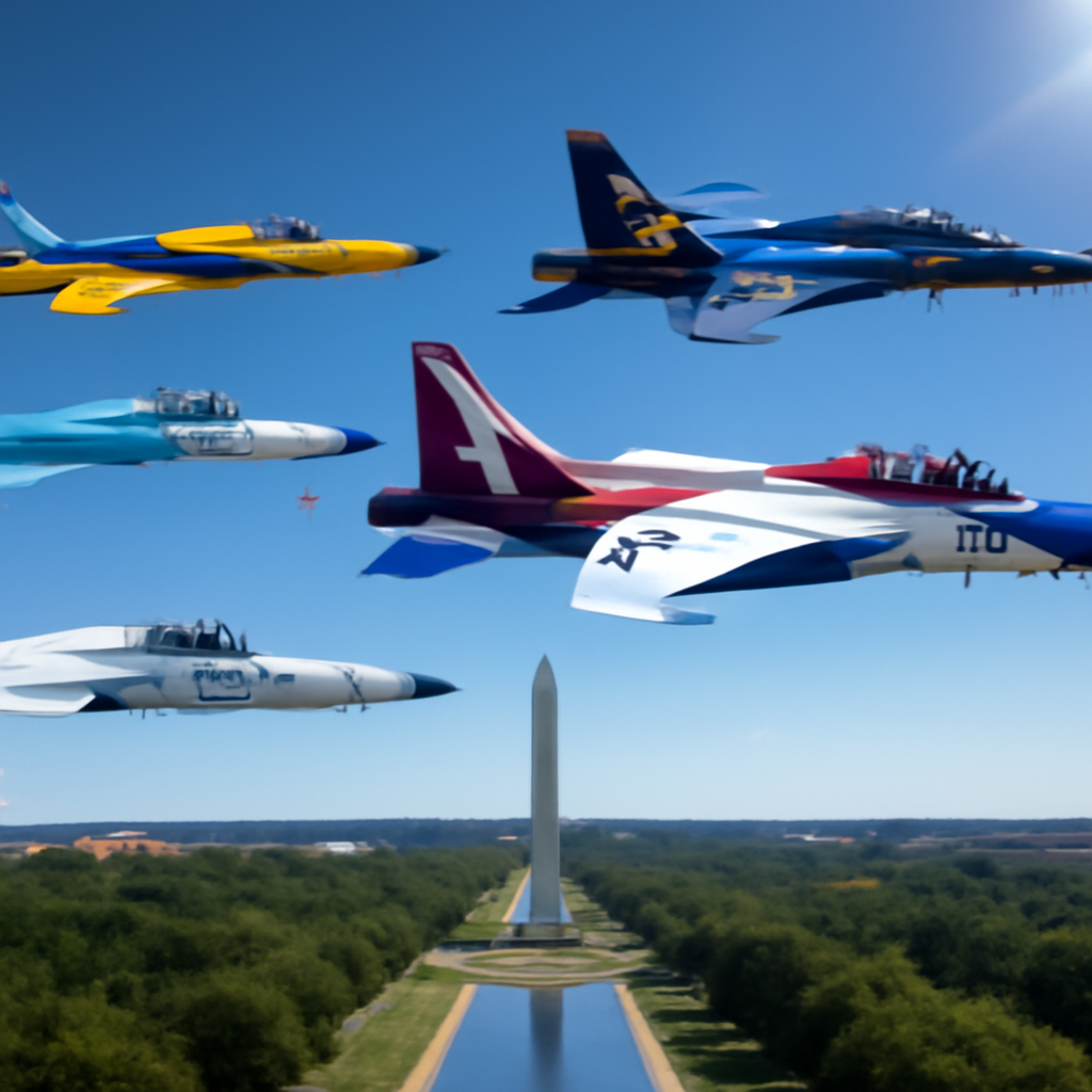 Military aircraft formation flies over Washington, D.C. landmark on a sunny day.