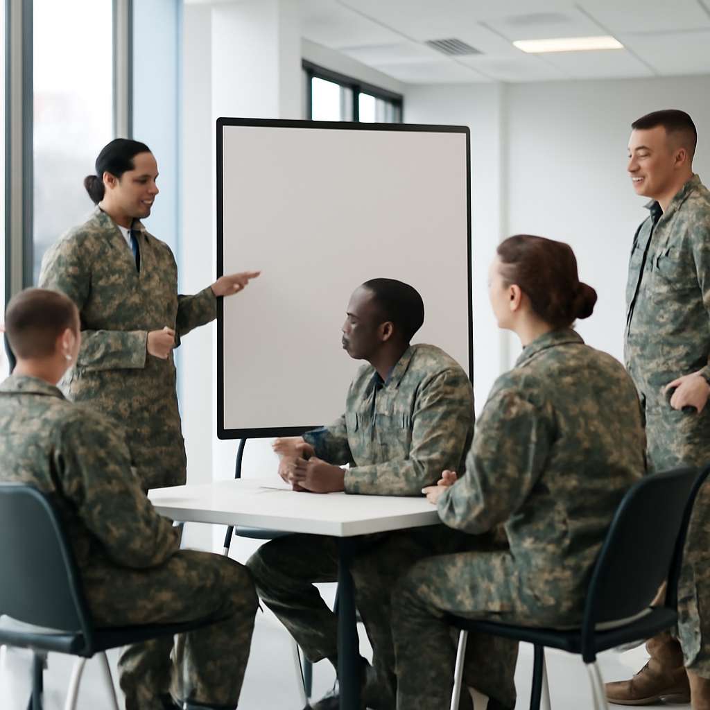 Military personnel in uniform gather around a large blank screen in a modern briefing room.