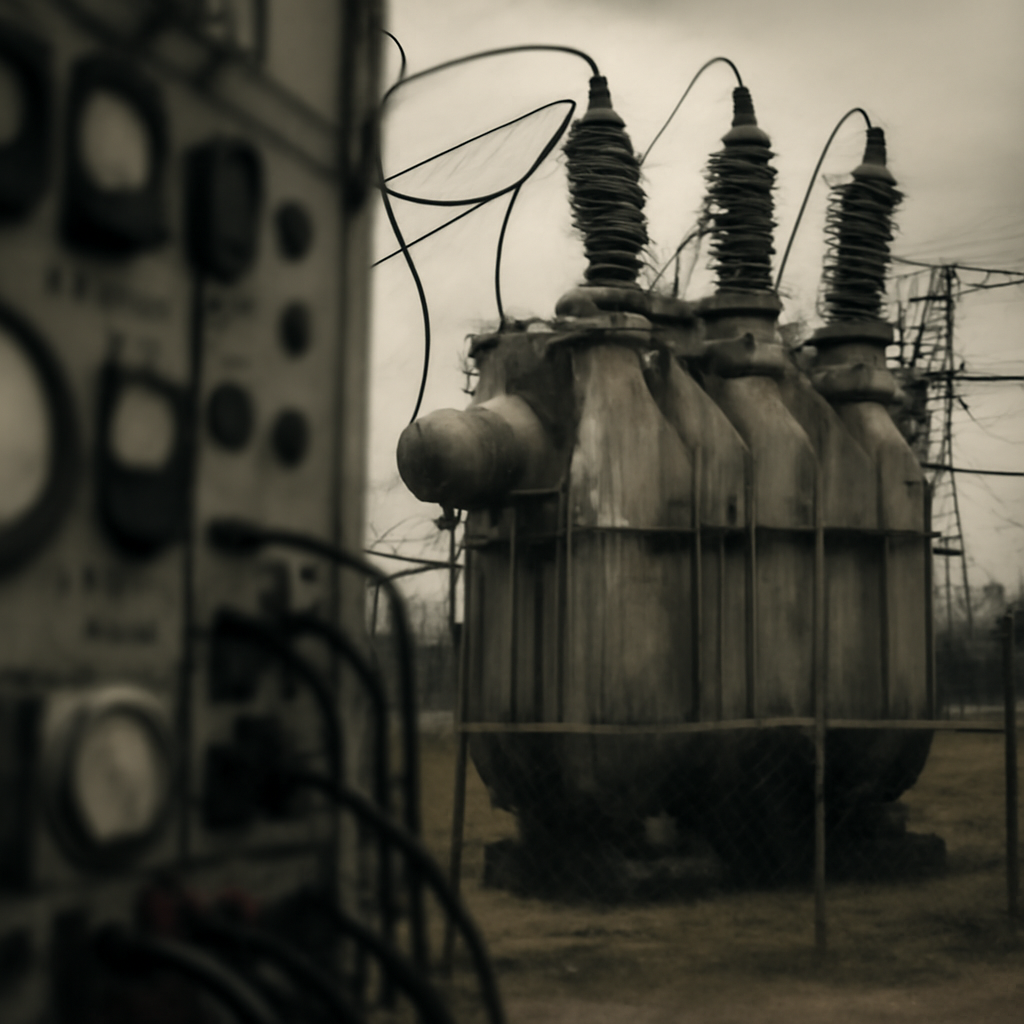 Worn electrical transformer in a fenced industrial area under overcast skies.