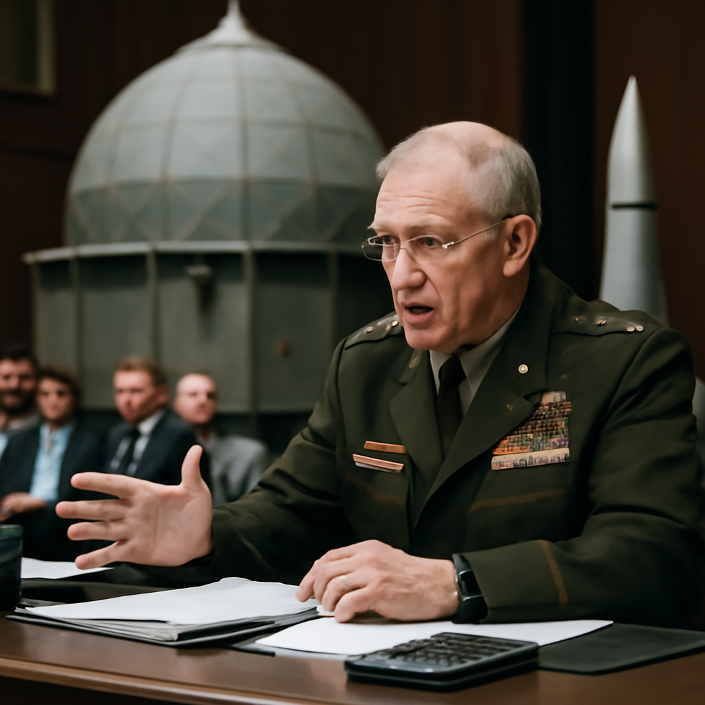 Senior military official addresses briefing amidst large domed defense structure.