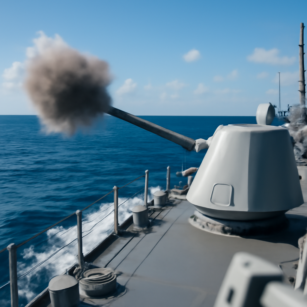 Naval vessel conducts operation on open water with focus on deck and equipment.