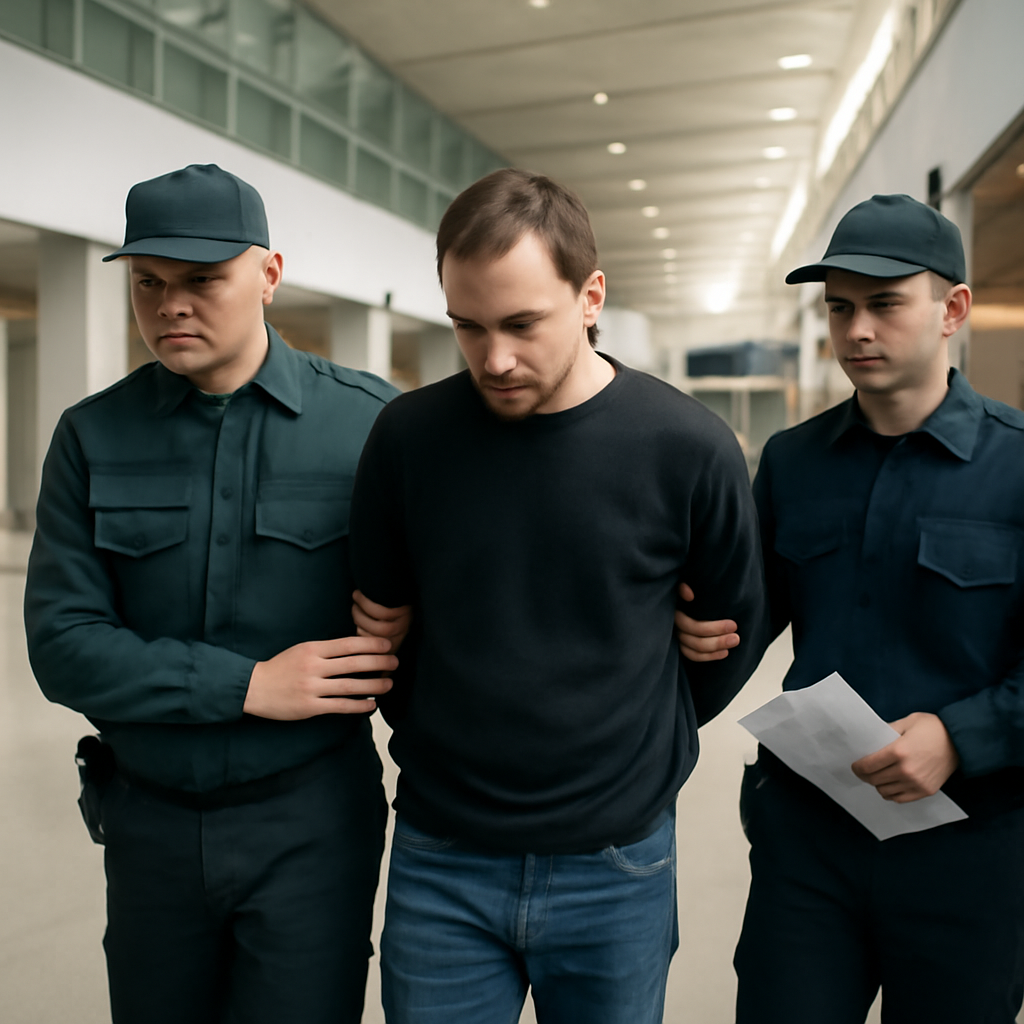 Man led away by border officers in airport departure hall.