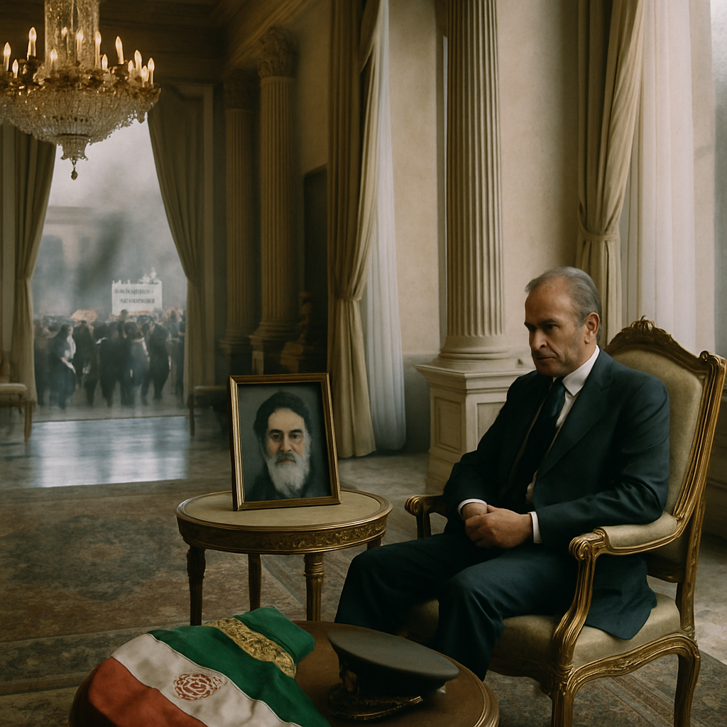 Formal palace entrance with anxious guards amidst rising turmoil in 1970s Iran.
