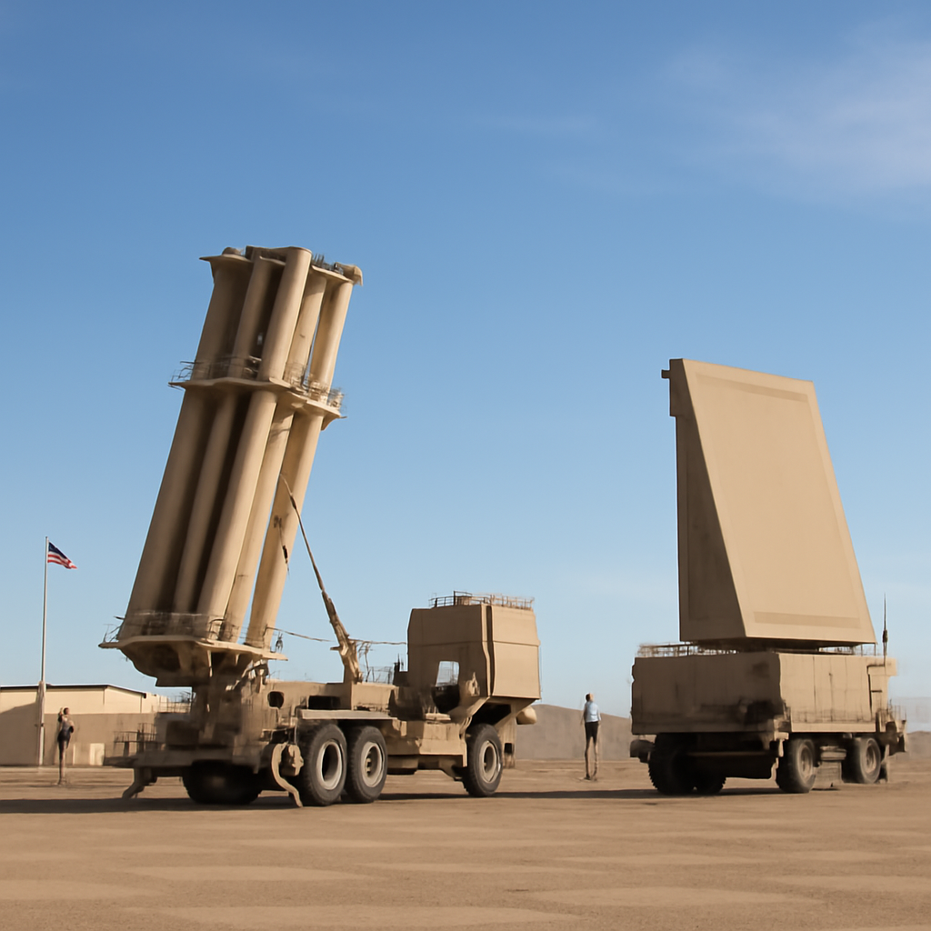 US military base with THAAD missile defense system and launchers under clear blue sky.