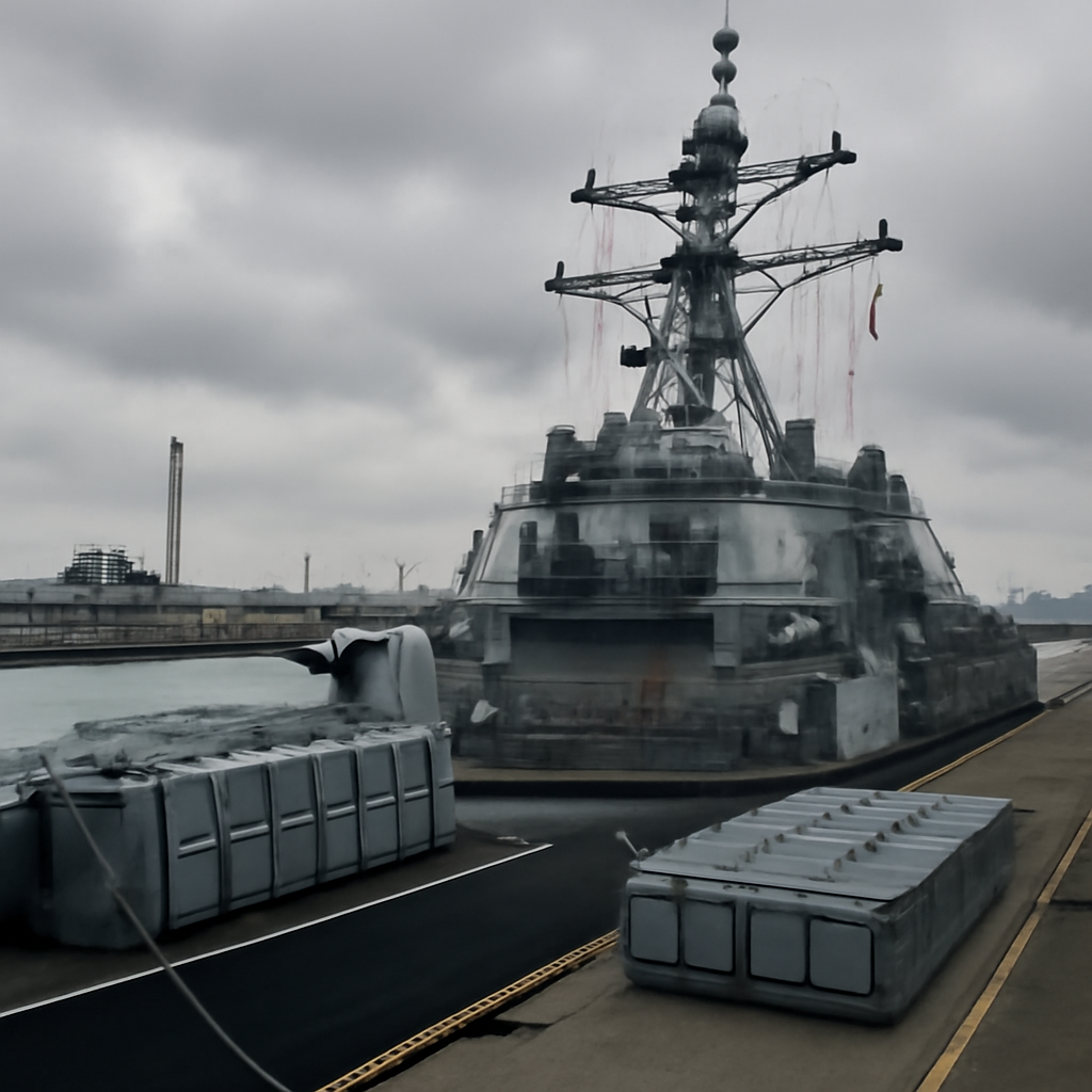 US naval ship docked in Japanese port with empty Tomahawk missile launcher on deck.
