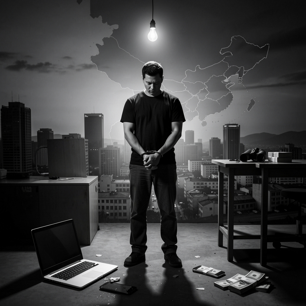 Person in handcuffs stands amidst broken tech devices with ominous cityscape and subtle North Korea map in background.