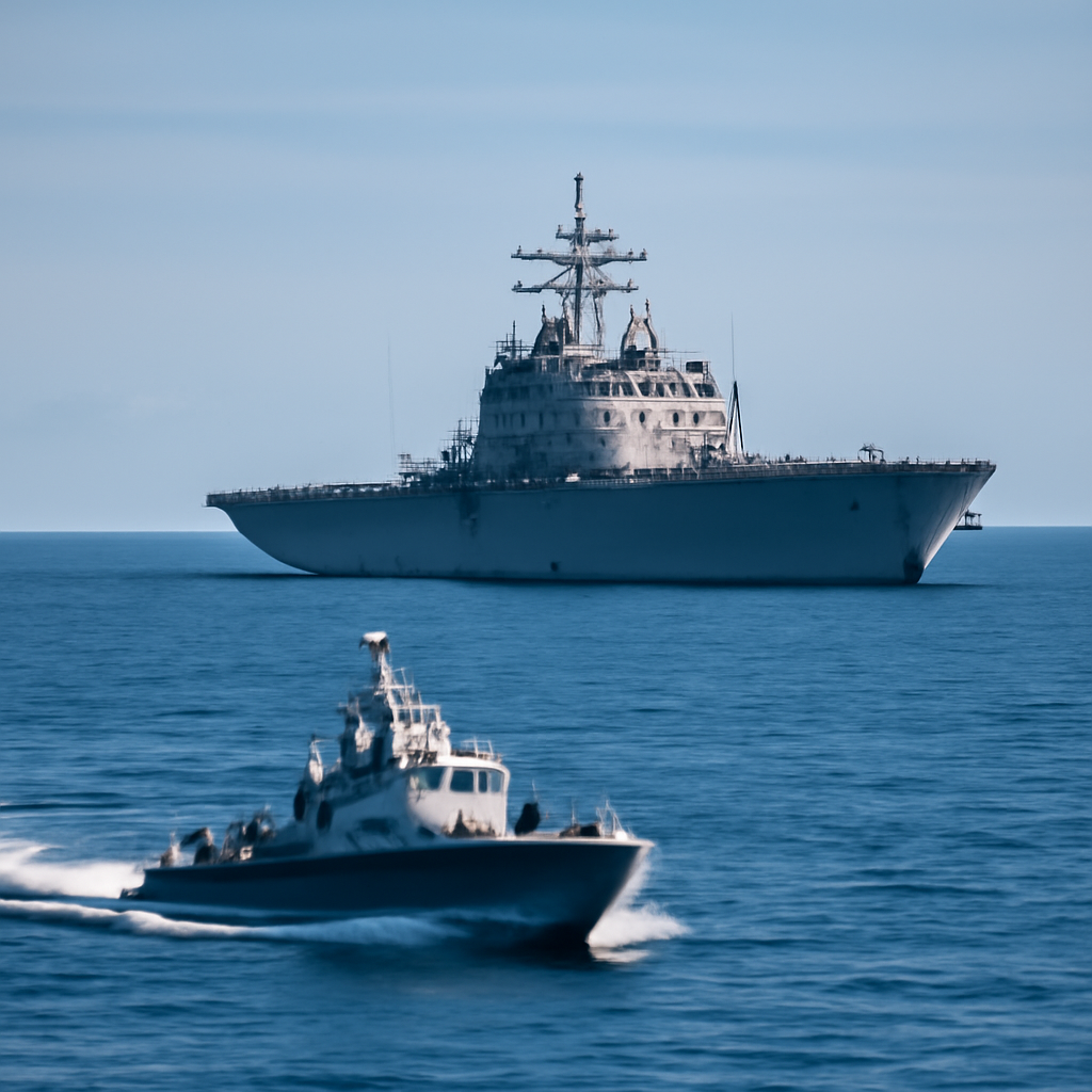 US Navy warship underway in calm waters with smaller vessel in foreground.