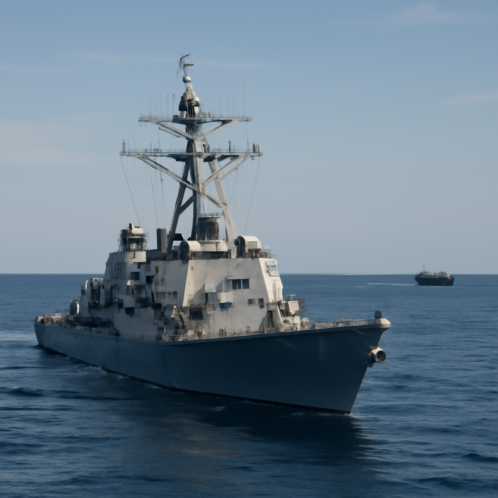 US naval ship underway in calm sea with smaller vessel in distance.