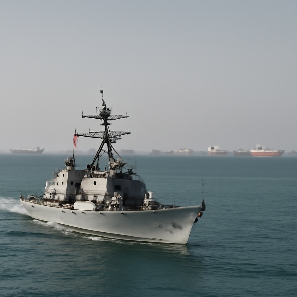 US naval ship underway near busy shipping lane with commercial vessels on the horizon.