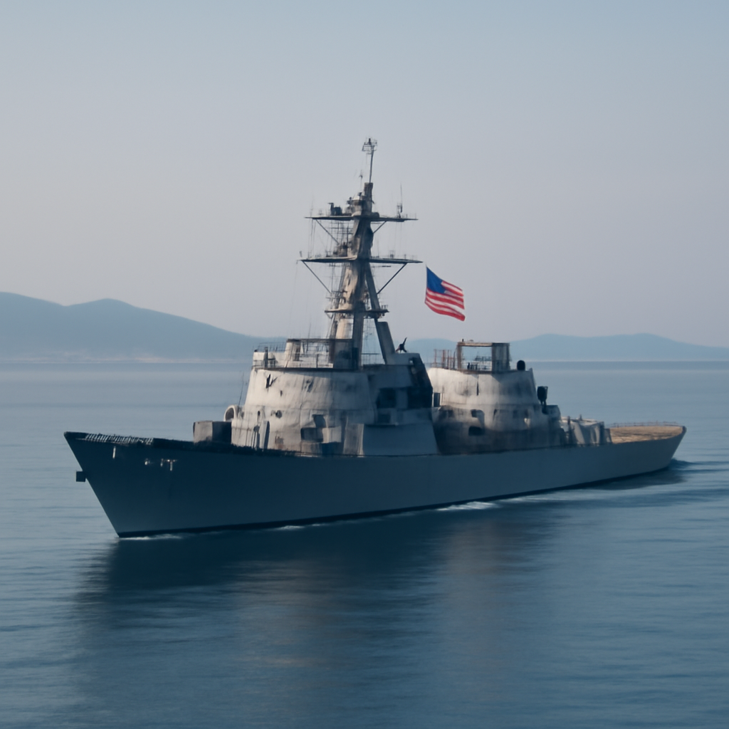 US naval ship transits through calm Taiwan Strait with clear sky and distant hills.