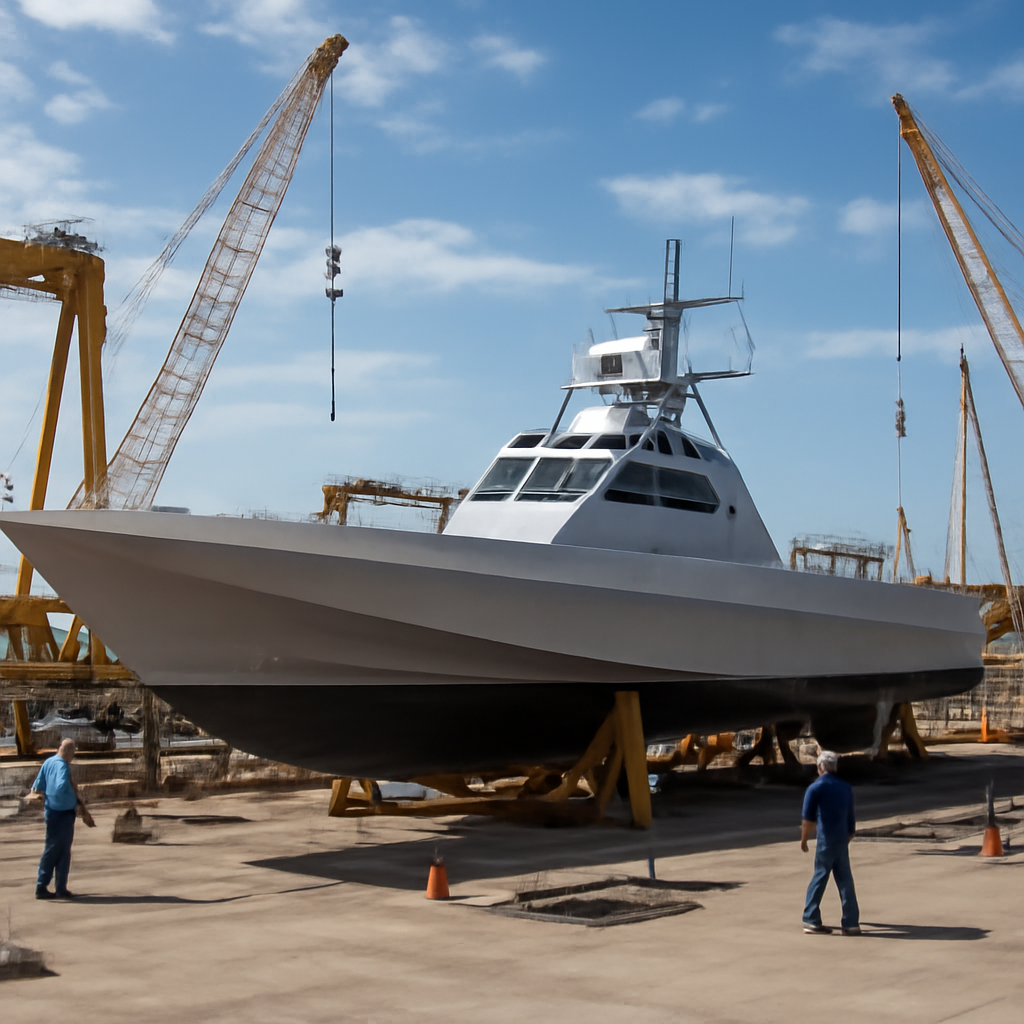 Medium unmanned vessel under construction at Louisiana shipyard surrounded by equipment and cranes.