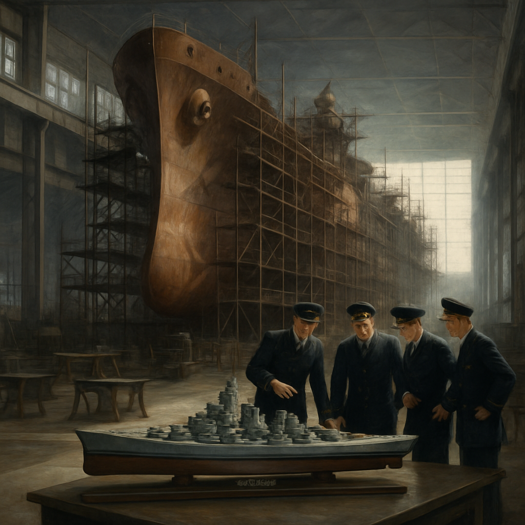Partially built battleship hull in dry dock with scaffolding and equipment.