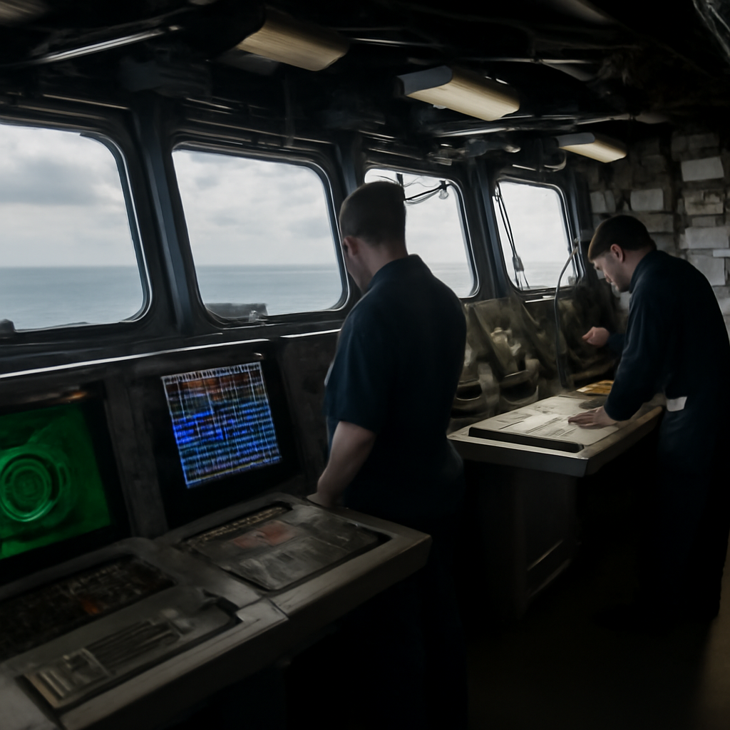 Naval personnel monitor drone control equipment on a US aircraft carrier bridge.