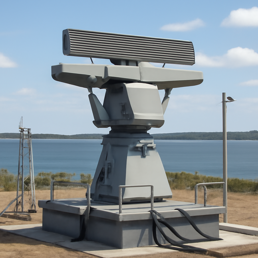 Naval radar system installed at land-based test site overlooking a large body of water.