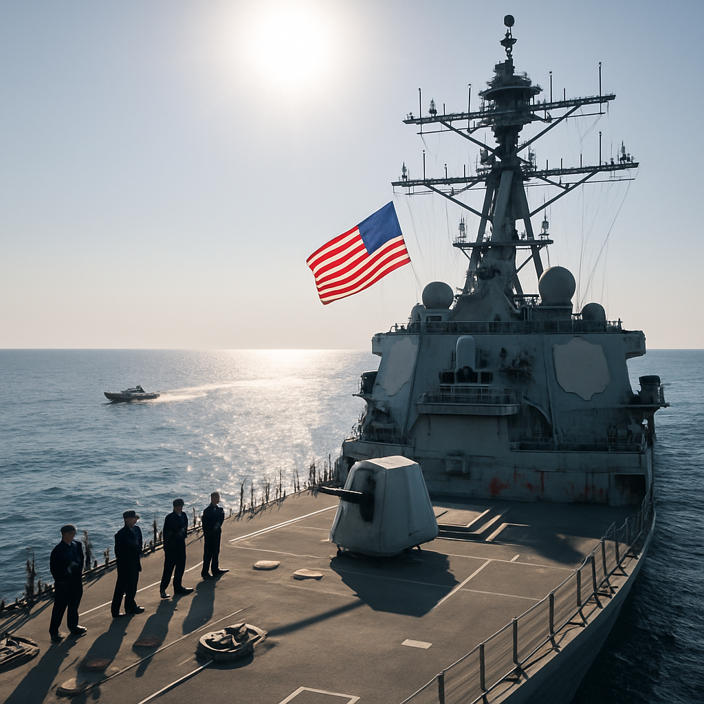 US Navy vessel patrols Strait of Hormuz with sailors at attention, alongside a small Iranian fast boat under a clear…