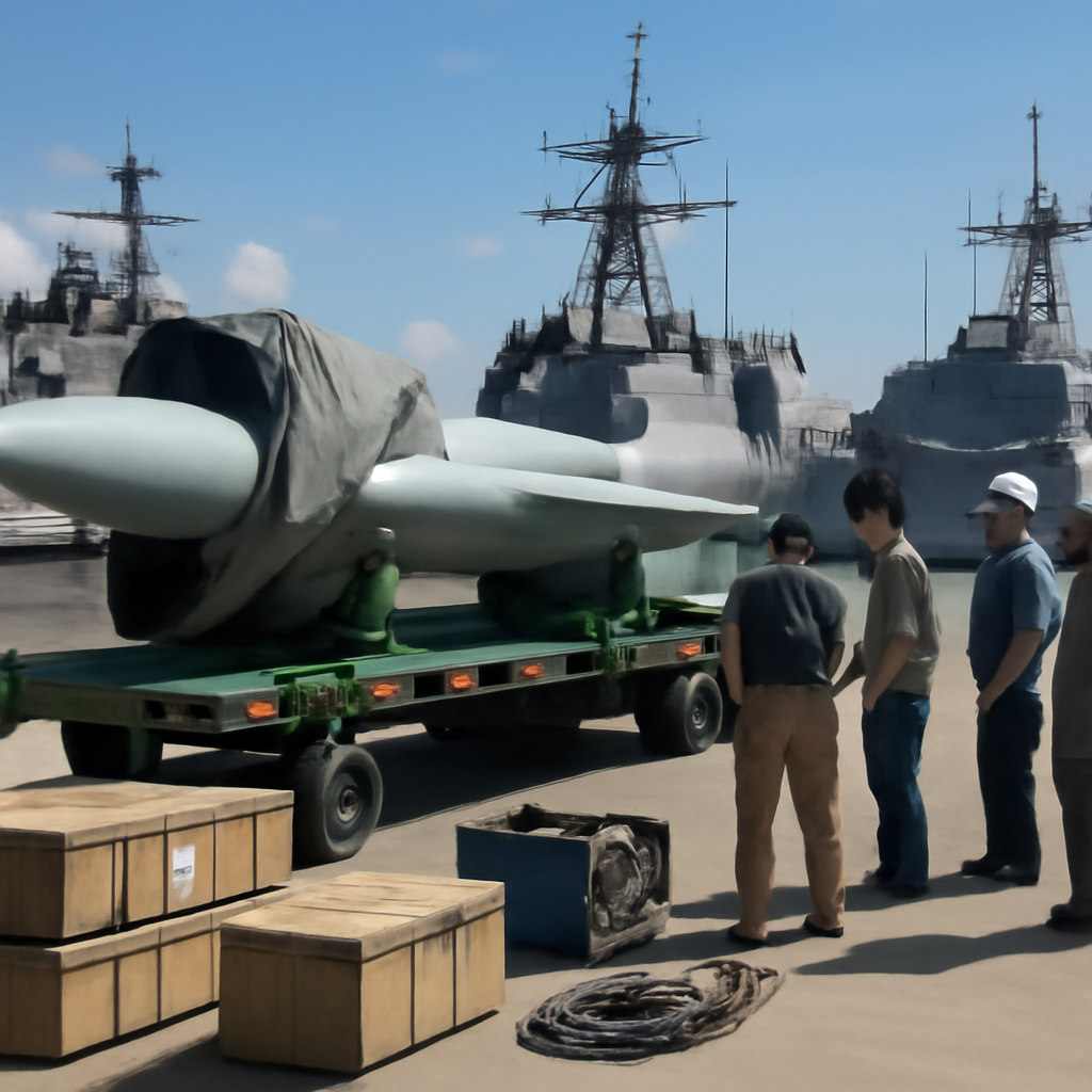 Naval personnel stand near a missile system on a dockside platform with vessels in the background.