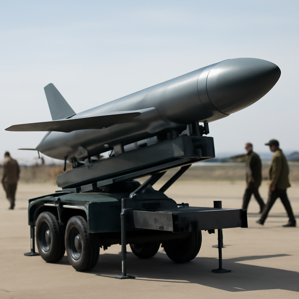 Ground-launched cruise missile system on a testing range with military personnel.