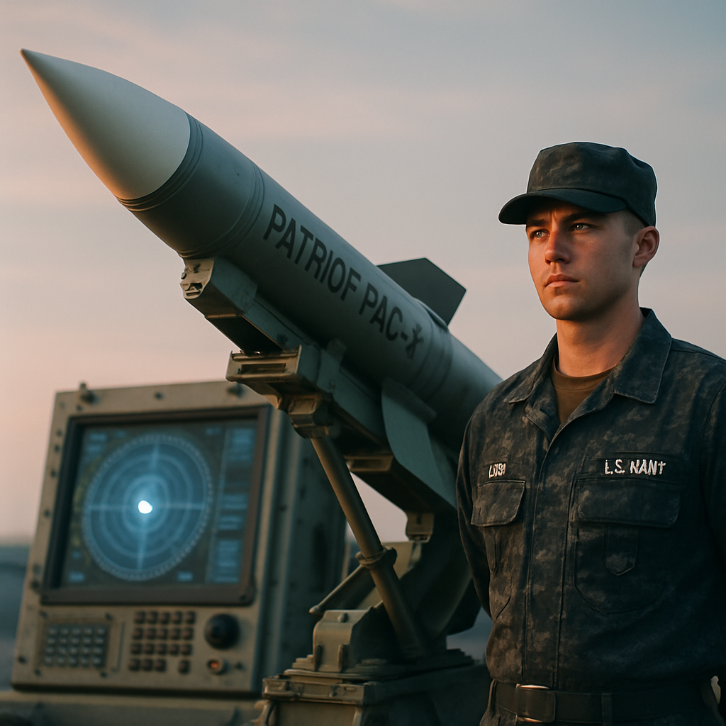 US Navy personnel stands beside a Patriot PAC-3 missile launcher with Aegis console in background.