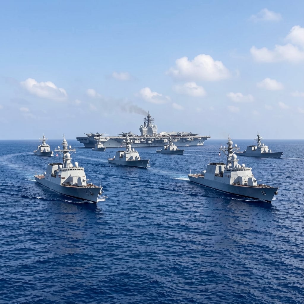 US Navy warships sail in formation in the Arabian Sea with an aircraft carrier in the background.