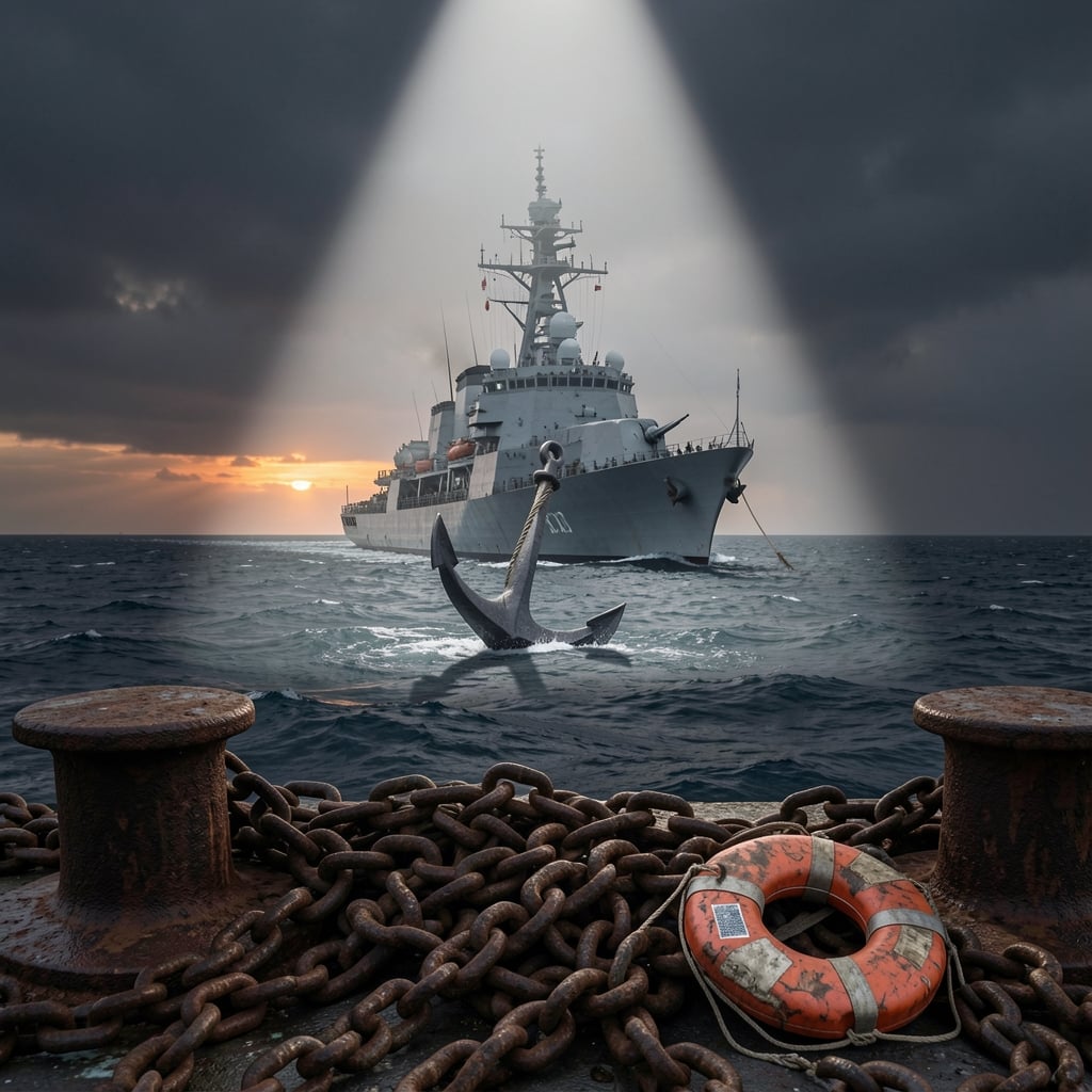 US Navy warship blocks Strait of Hormuz with anchor dropped, spotlight halo, and tangled shipping chains in foreground.