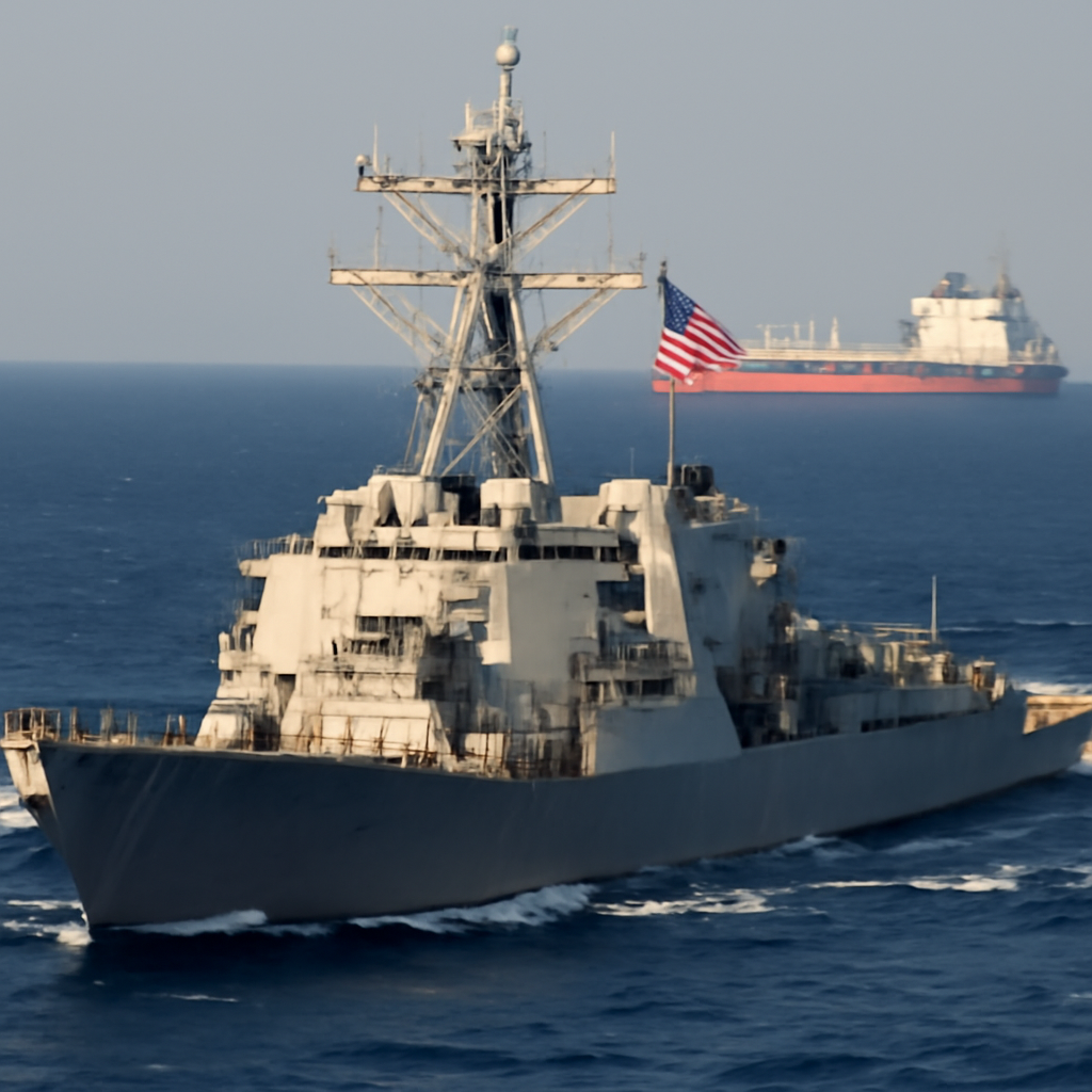 US Navy warship escorts commercial vessel in Middle East waters.