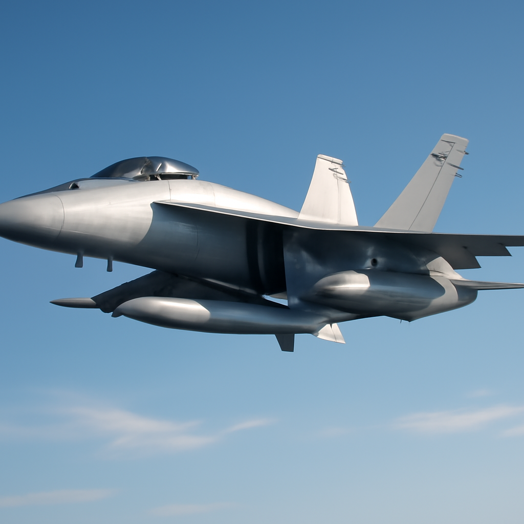 F/A-18 fighter jet with hypersonic missile under its wing in flight against a blue sky.