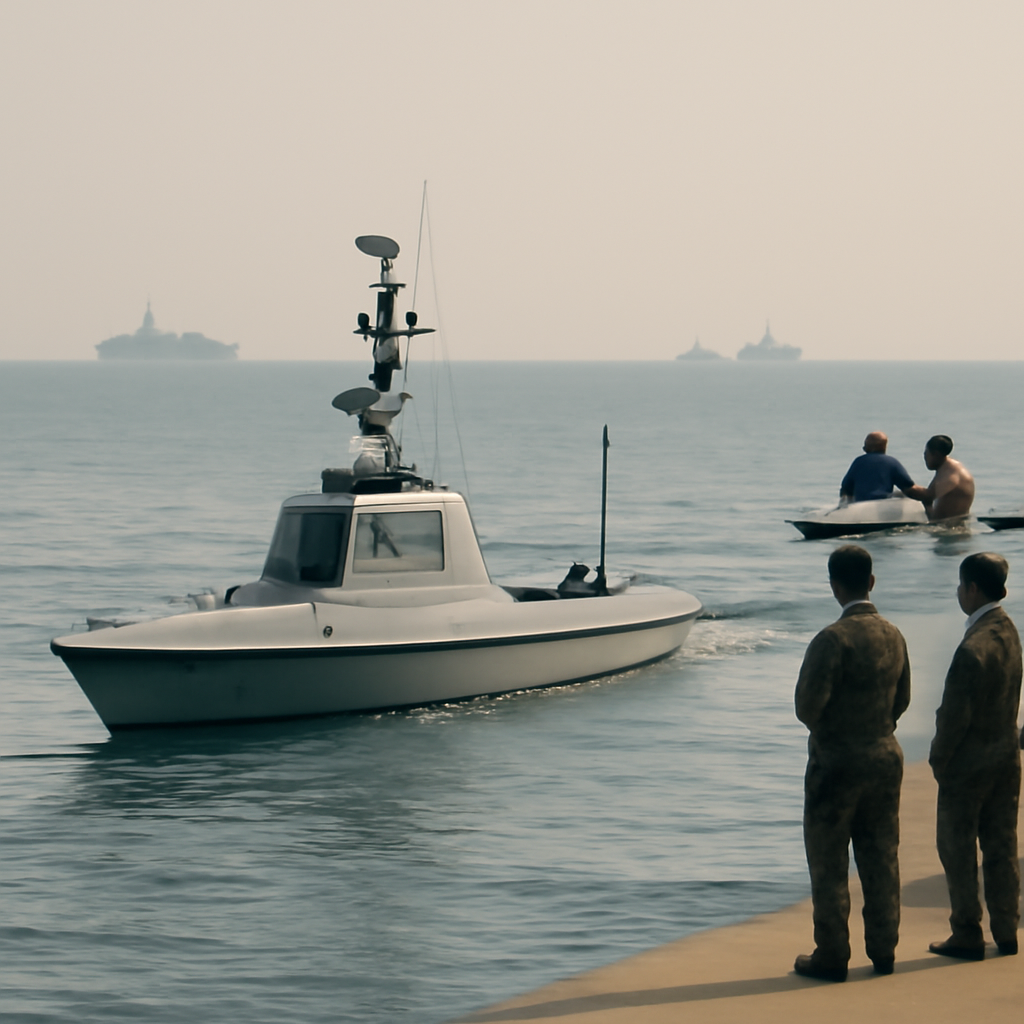 US Navy drone boat operating in calm waters off Oman coast.
