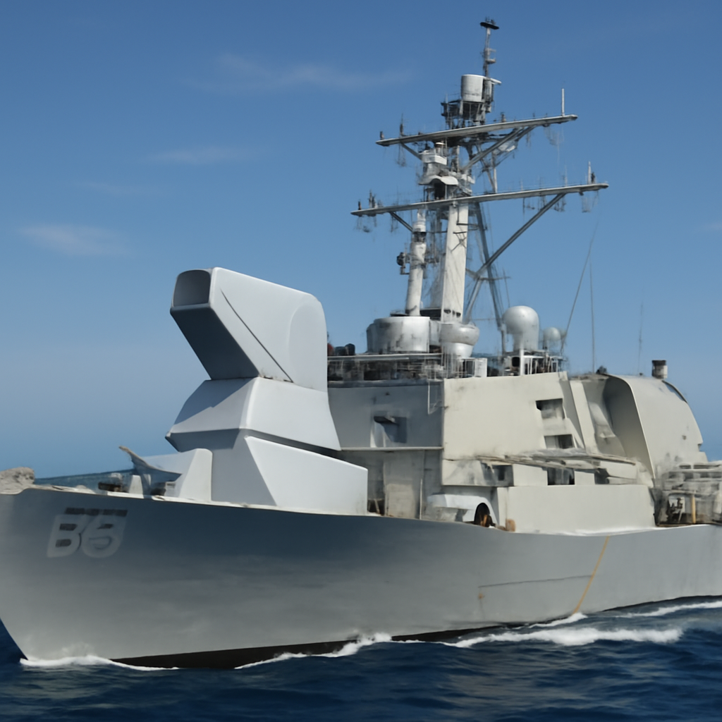 US Navy destroyer with futuristic laser system underway in Indian Ocean.