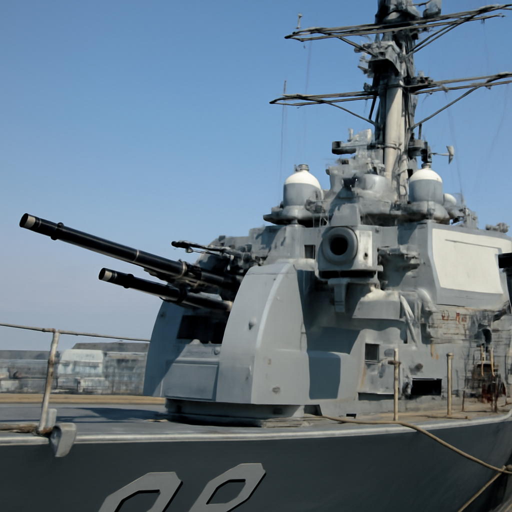 US Navy destroyer USS Mustin docked with Mk 38 Mod 4 defense system visible.