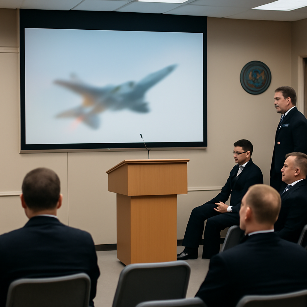 Briefing room with presentation screen showing a blurry missile display.