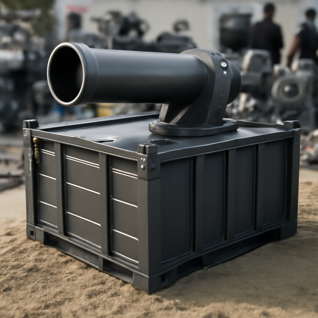 Seabed torpedo launcher system on a mock seabed with naval equipment.