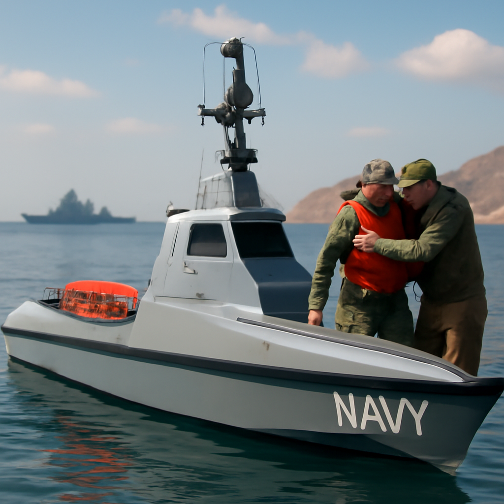 US Navy drone boat in calm waters near coastline with naval ship in distance.