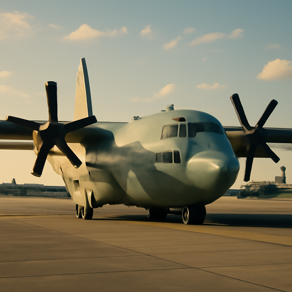 US Navy E-130J Phoenix II aircraft centered on a sunny tarmac with similar planes in background.