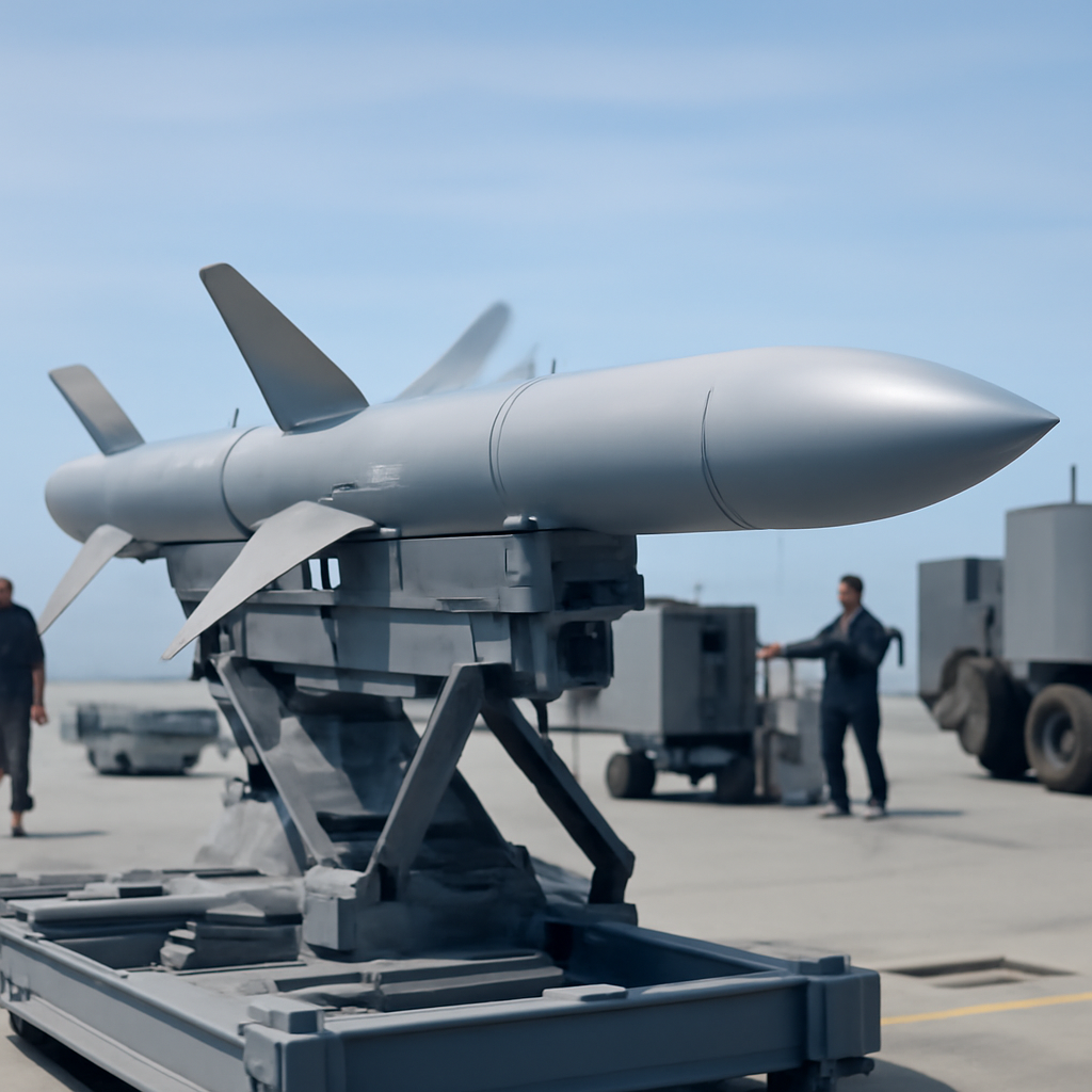 Sleek missile system on launcher with personnel and equipment in background.