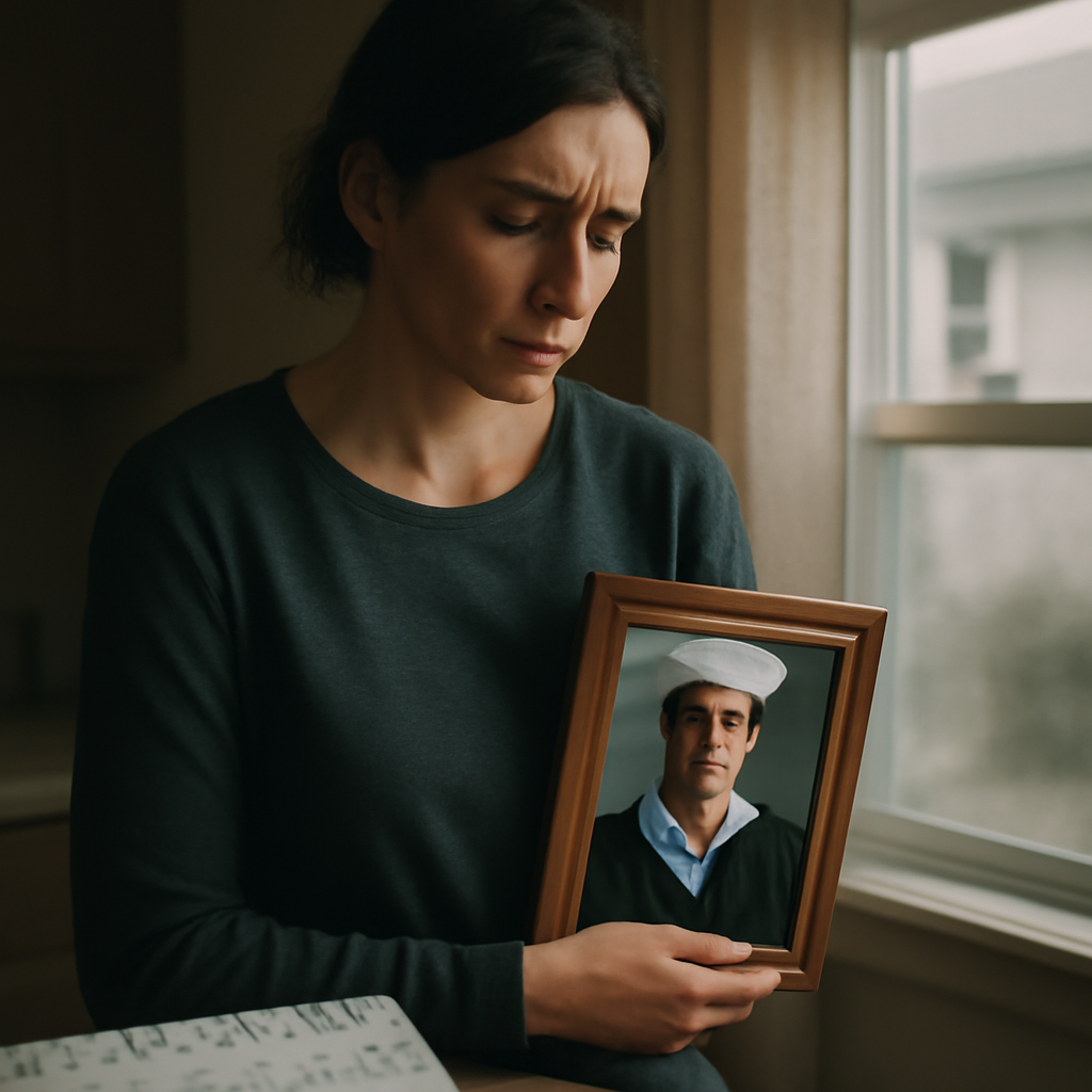 Sailor's loved one stands at home, gazing at a cherished memento.