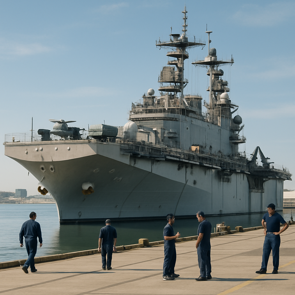 US Navy amphibious assault ship docked in harbor with sailors and city skyline in background.