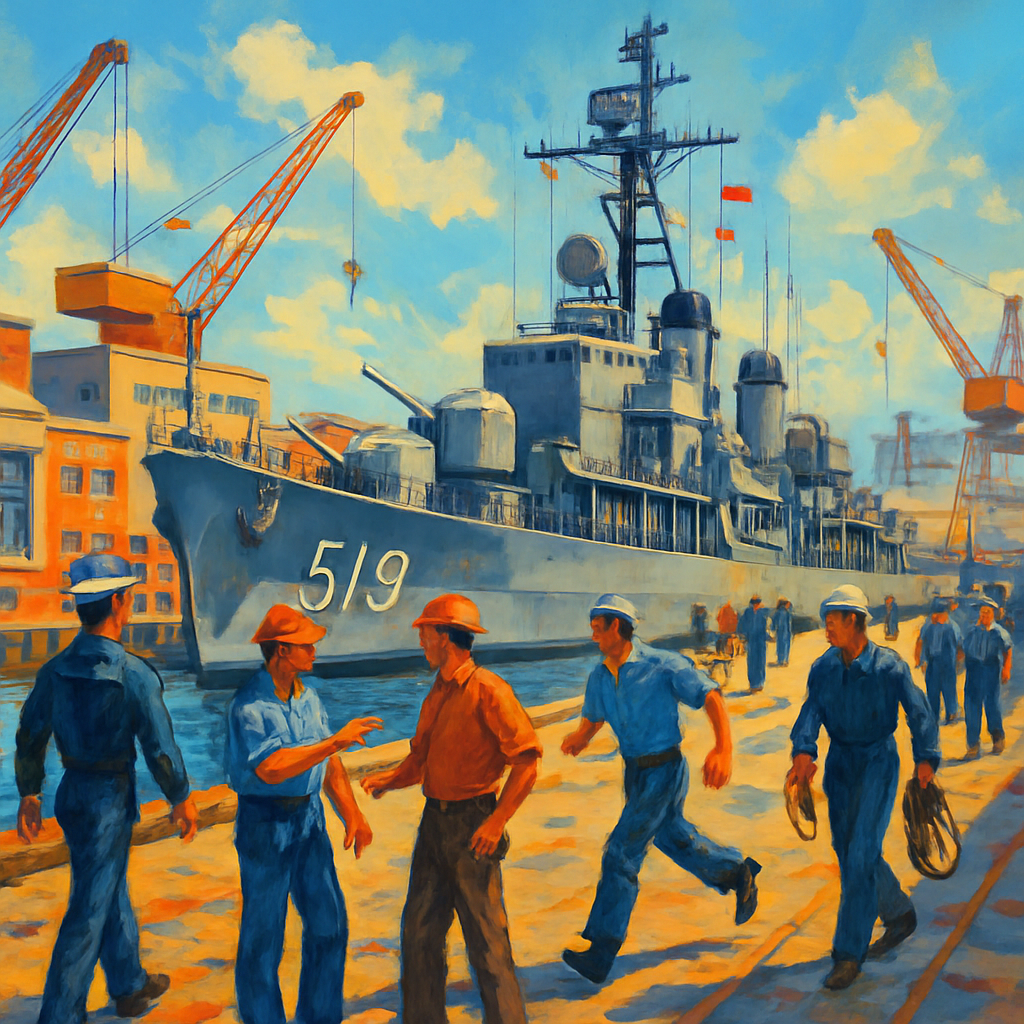 US Navy ship in a bustling port with industrial buildings and workers.