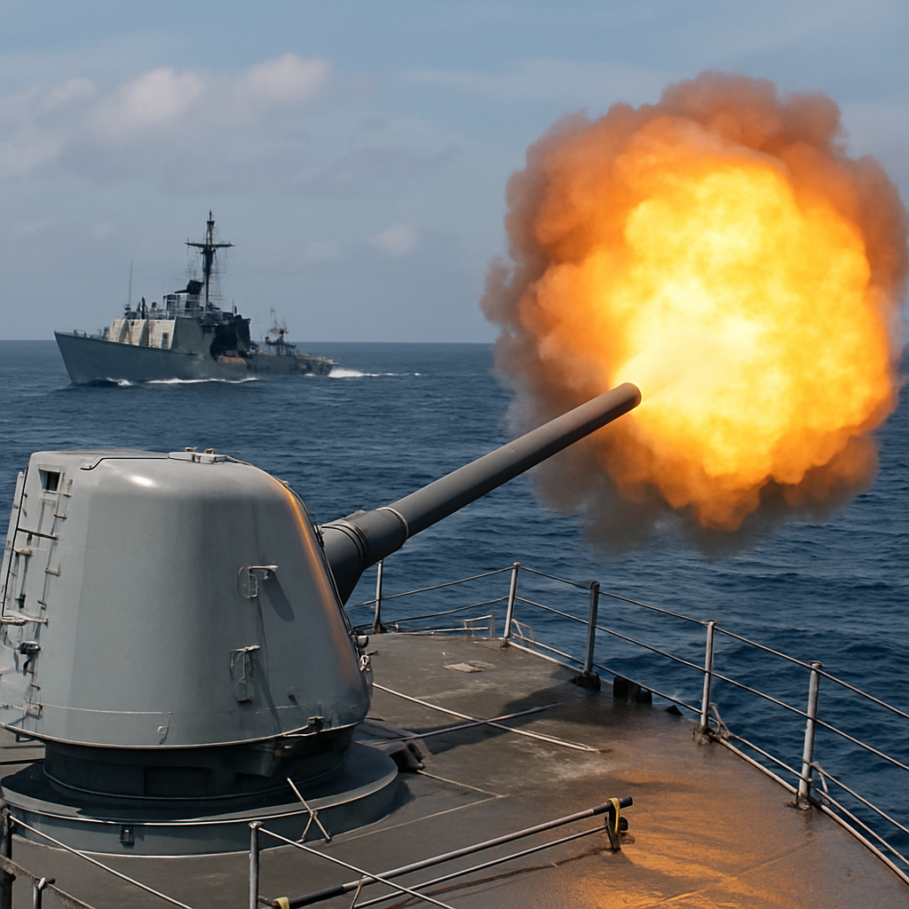 US Navy ship's 5-inch deck gun firing with muzzle flash and smoke, hitting another ship with a visible hole in its engine…