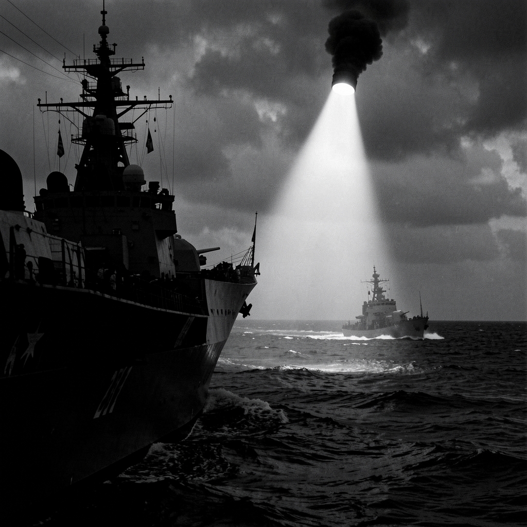 US Navy warship intercepts smaller vessel on choppy waters amidst dark, ominous clouds.