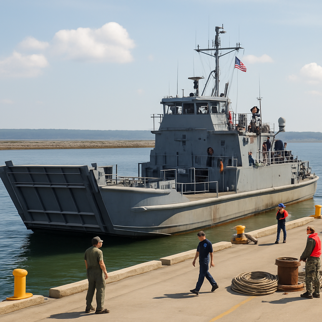 US Navy amphibious vessel docked at a harbor with crew members present.
