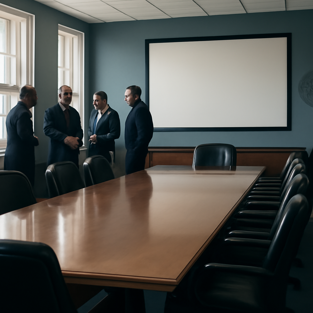 Naval officers and advisors discuss strategy in a brightly-lit briefing room with a large wooden table and blank whiteboard.